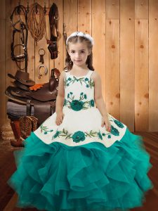 Amazing Teal Tulle Lace Up Straps Sleeveless Floor Length Pageant Dress for Girls Embroidery and Ruffles