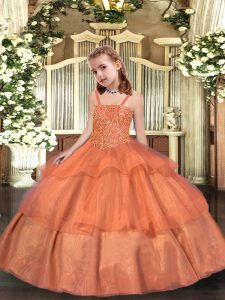 Stylish Sleeveless Organza Floor Length Lace Up Little Girl Pageant Dress in Orange with Beading and Ruffled Layers