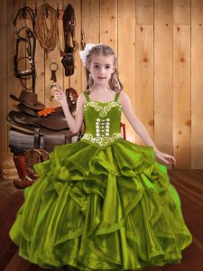 Superior Sleeveless Organza Floor Length Lace Up Child Pageant Dress in Olive Green with Embroidery and Ruffles