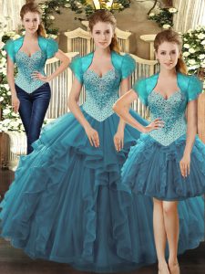 Spectacular Ball Gowns 15 Quinceanera Dress Teal Straps Tulle Sleeveless Floor Length Lace Up