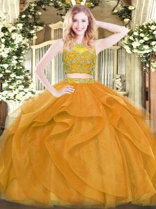 Attractive Scoop Sleeveless Quinceanera Gowns Floor Length Beading and Ruffles Gold Tulle