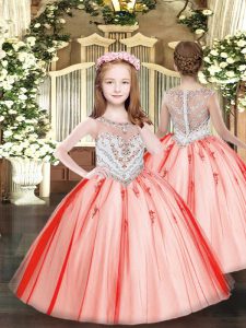 Low Price Beading and Appliques Child Pageant Dress Coral Red Zipper Sleeveless Floor Length