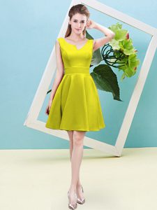 Ideal Asymmetric Sleeveless Quinceanera Court of Honor Dress Mini Length Ruching Yellow Satin