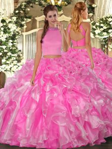 Custom Made Floor Length Two Pieces Sleeveless Rose Pink 15 Quinceanera Dress Backless
