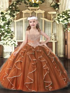Brown Ball Gowns Beading and Ruffles Child Pageant Dress Lace Up Tulle Sleeveless Floor Length