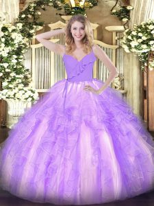 Sumptuous Floor Length Zipper 15 Quinceanera Dress Lavender for Military Ball and Sweet 16 and Quinceanera with Ruffles