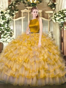 Ball Gowns 15 Quinceanera Dress Gold Scoop Organza Sleeveless Floor Length Clasp Handle
