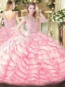 Sophisticated Baby Pink Sleeveless Beading and Ruffled Layers Zipper Ball Gown Prom Dress