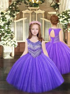 Tulle Scoop Sleeveless Lace Up Beading Kids Pageant Dress in Lavender