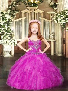 Pretty Floor Length Ball Gowns Sleeveless Fuchsia Pageant Dresses Lace Up