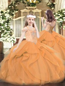 Affordable Orange Ball Gowns Tulle Off The Shoulder Sleeveless Beading and Ruffles Floor Length Lace Up Little Girls Pageant Dress Wholesale