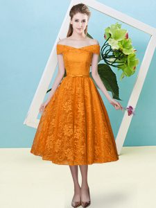 New Arrival Orange Red Lace Up Dama Dress for Quinceanera Bowknot Cap Sleeves Tea Length