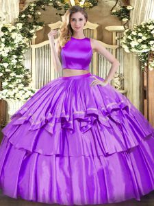 Eggplant Purple 15th Birthday Dress Military Ball and Sweet 16 and Quinceanera with Ruffled Layers High-neck Sleeveless Criss Cross