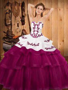 Exquisite Sleeveless Embroidery and Ruffled Layers Lace Up Sweet 16 Dresses with Fuchsia Sweep Train