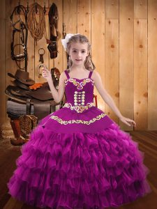 High Class Fuchsia Ball Gowns Straps Sleeveless Organza Floor Length Lace Up Embroidery and Ruffled Layers Winning Pageant Gowns
