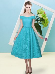 Teal Off The Shoulder Lace Up Bowknot Dama Dress for Quinceanera Cap Sleeves