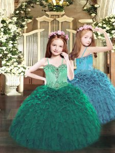 Fancy Dark Green Sleeveless Organza Lace Up Child Pageant Dress for Party and Quinceanera