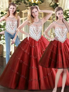 Trendy Wine Red Scoop Neckline Beading Quinceanera Dress Sleeveless Zipper