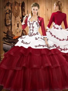 Modern Lace Strapless Sleeveless Sweep Train Lace Up Embroidery and Ruffled Layers Quinceanera Gown in Burgundy
