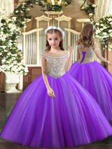 Latest Sleeveless Tulle Floor Length Lace Up Kids Pageant Dress in Purple with Beading