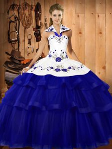 Popular Royal Blue Halter Top Neckline Embroidery and Ruffled Layers Sweet 16 Quinceanera Dress Sleeveless Lace Up