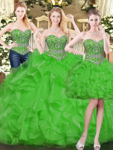 Green Sweetheart Neckline Beading and Ruffles Vestidos de Quinceanera Sleeveless Lace Up