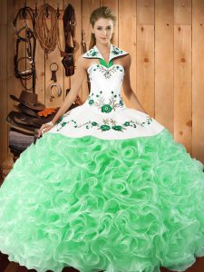 Discount Ball Gowns Quince Ball Gowns Halter Top Fabric With Rolling Flowers Sleeveless Floor Length Lace Up