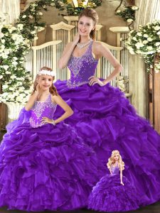 Purple Ball Gowns Organza Straps Sleeveless Beading and Ruffles Floor Length Lace Up Ball Gown Prom Dress