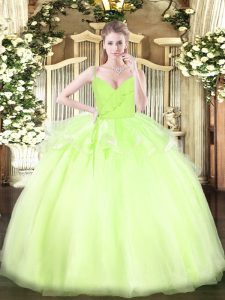 Suitable Yellow Green Ball Gowns Spaghetti Straps Sleeveless Organza Floor Length Zipper Ruffles Sweet 16 Dresses