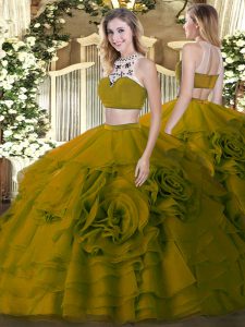 Olive Green High-neck Backless Beading and Ruffled Layers Quinceanera Dresses Sleeveless