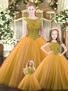 Custom Made Orange Sleeveless Floor Length Beading Lace Up 15th Birthday Dress