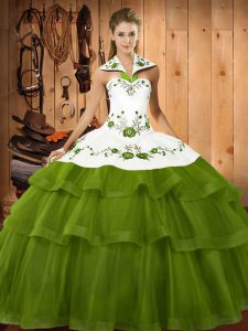 Olive Green Halter Top Lace Up Embroidery and Ruffled Layers Quinceanera Gowns Sweep Train Sleeveless