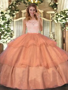 Designer Organza Scoop Sleeveless Clasp Handle Lace and Ruffled Layers Ball Gown Prom Dress in Orange