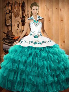 Turquoise Organza Lace Up Halter Top Sleeveless Floor Length Quinceanera Dresses Embroidery and Ruffled Layers