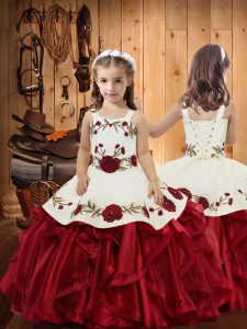 Wine Red Sleeveless Embroidery and Ruffles Floor Length Little Girls Pageant Dress Wholesale