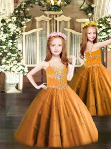 Beading Little Girls Pageant Dress Orange Lace Up Sleeveless Floor Length