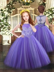 Lavender Ball Gowns Tulle Scoop Sleeveless Beading Floor Length Zipper Kids Formal Wear