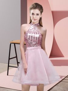 Mini Length Pink Court Dresses for Sweet 16 Halter Top Sleeveless Backless
