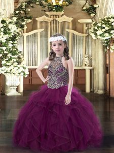 Excellent Purple Little Girls Pageant Dress Wholesale Party and Quinceanera with Beading and Ruffles Halter Top Sleeveless Lace Up