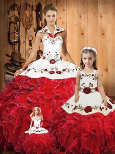 Discount Red Sleeveless Tulle Lace Up Quinceanera Gowns for Military Ball and Sweet 16 and Quinceanera