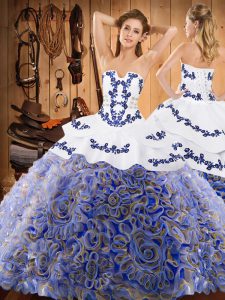 Wonderful Sleeveless Satin and Fabric With Rolling Flowers With Train Sweep Train Lace Up Quinceanera Dress in Multi-color with Embroidery