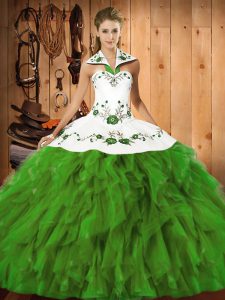Olive Green Quinceanera Gowns Military Ball and Sweet 16 and Quinceanera with Embroidery and Ruffles Halter Top Sleeveless Lace Up
