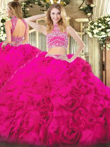 Designer Hot Pink High-neck Backless Beading and Ruffles Sweet 16 Dresses Sleeveless