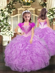 Classical Ball Gowns Kids Formal Wear Lilac Straps Organza Sleeveless Floor Length Lace Up