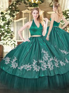 Two Pieces Sweet 16 Dresses Dark Green Halter Top Taffeta Sleeveless Floor Length Zipper