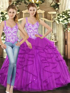 Fuchsia Ball Gowns Straps Sleeveless Tulle Floor Length Lace Up Beading and Ruffles Sweet 16 Dresses