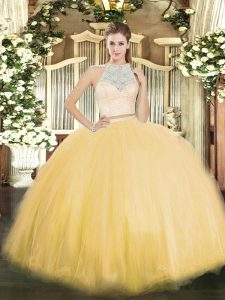 Trendy Scoop Sleeveless Sweet 16 Dresses Floor Length Lace Gold Tulle
