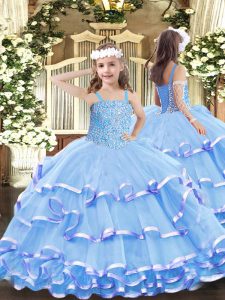 Modern Organza Sleeveless Floor Length Kids Pageant Dress and Beading and Ruffled Layers