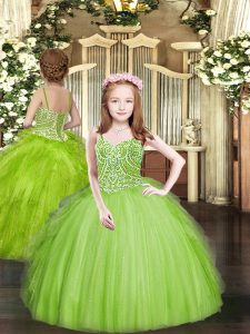 Spaghetti Straps Sleeveless Pageant Gowns For Girls Floor Length Beading and Ruffles Tulle