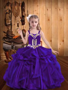 Purple Ball Gowns Straps Sleeveless Organza Floor Length Lace Up Embroidery and Ruffles Kids Formal Wear
